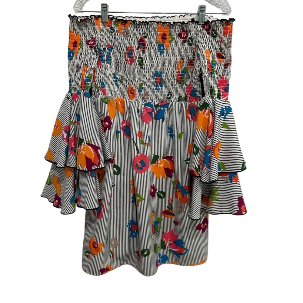 Nicole Miller Smocked Shoulder Ruffled Floral Striped Top Size 6